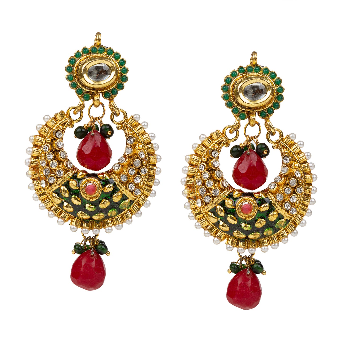 bindhani gold plated pearl drop maroon green white stone kundan earrings for women