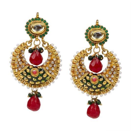 bindhani gold plated pearl drop maroon green white stone kundan earrings for women