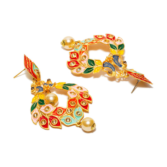 bindhani gold plated pearl drop multicolor peacock meenakari earrings for women girls