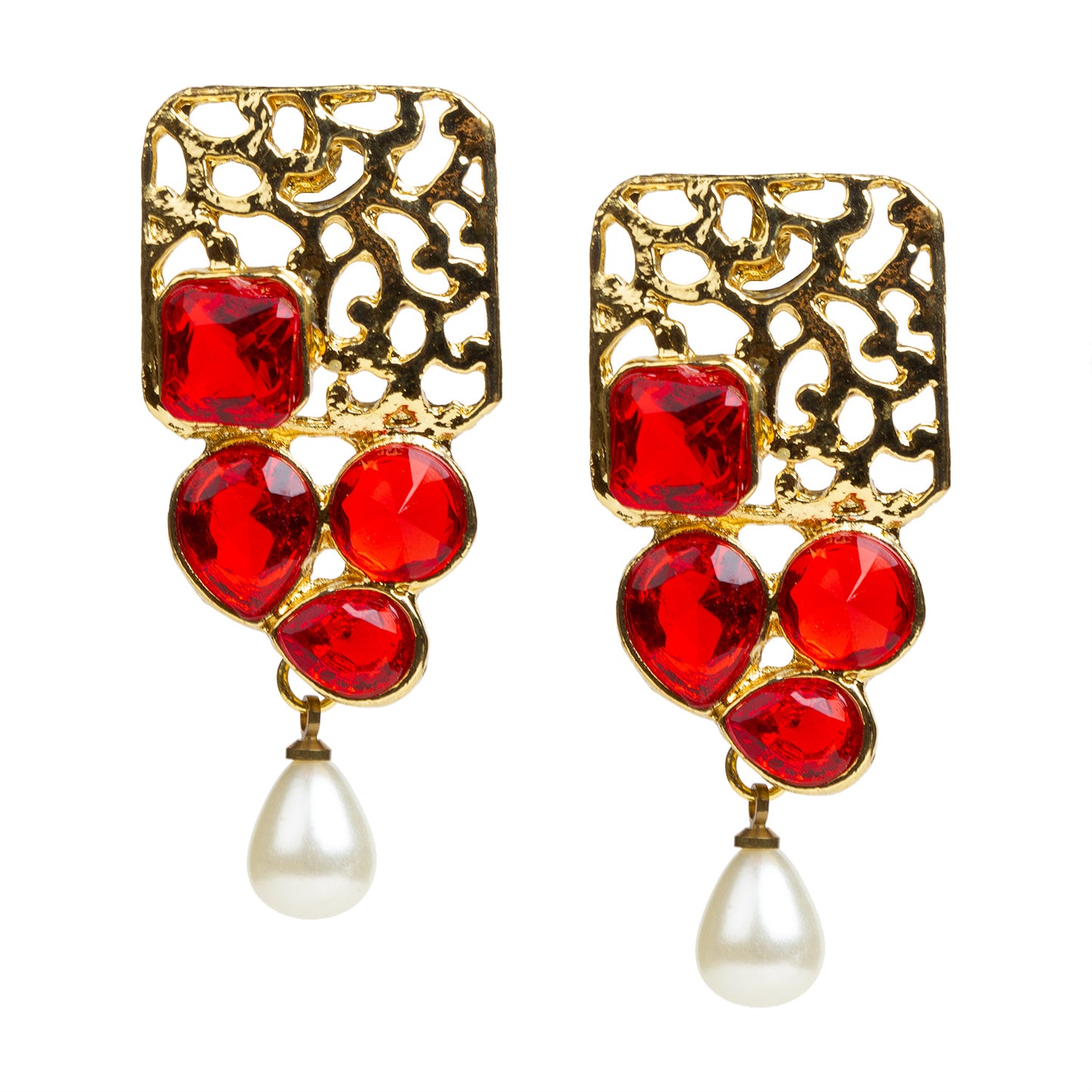 bindhani gold plated pearl drop red stone earrings for women