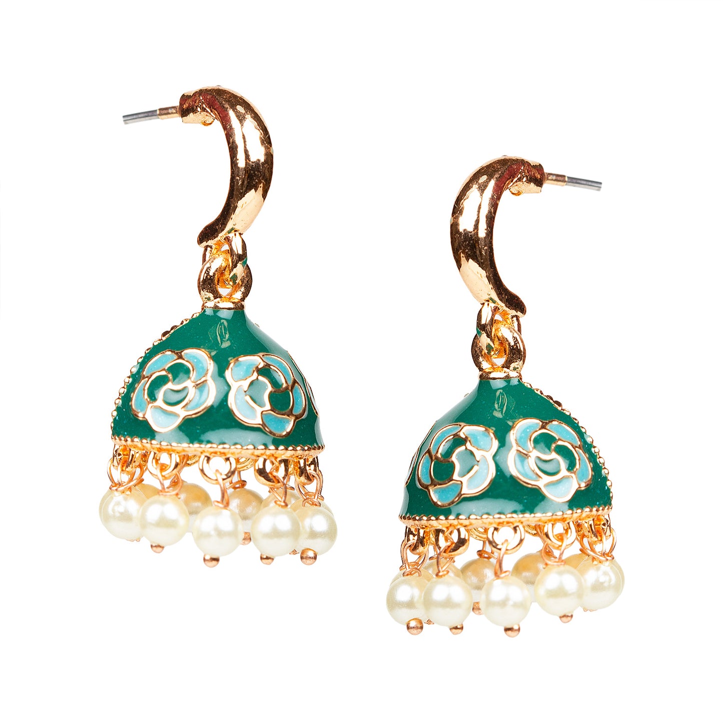 bindhani gold plated pearls drop meenakari small green jhumka earrings women girls