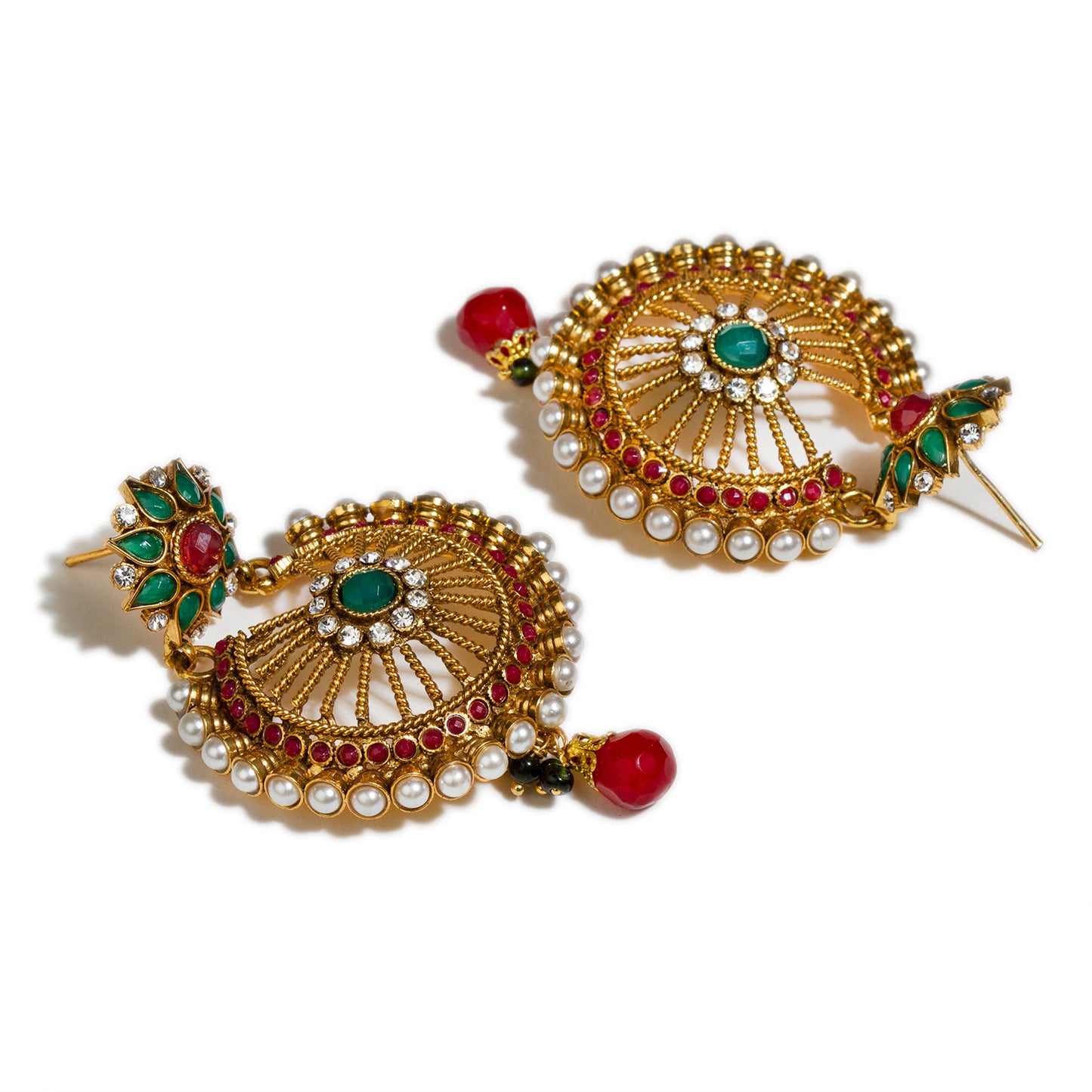 bindhani gold plated pearls green polki stone red drop earrings for women