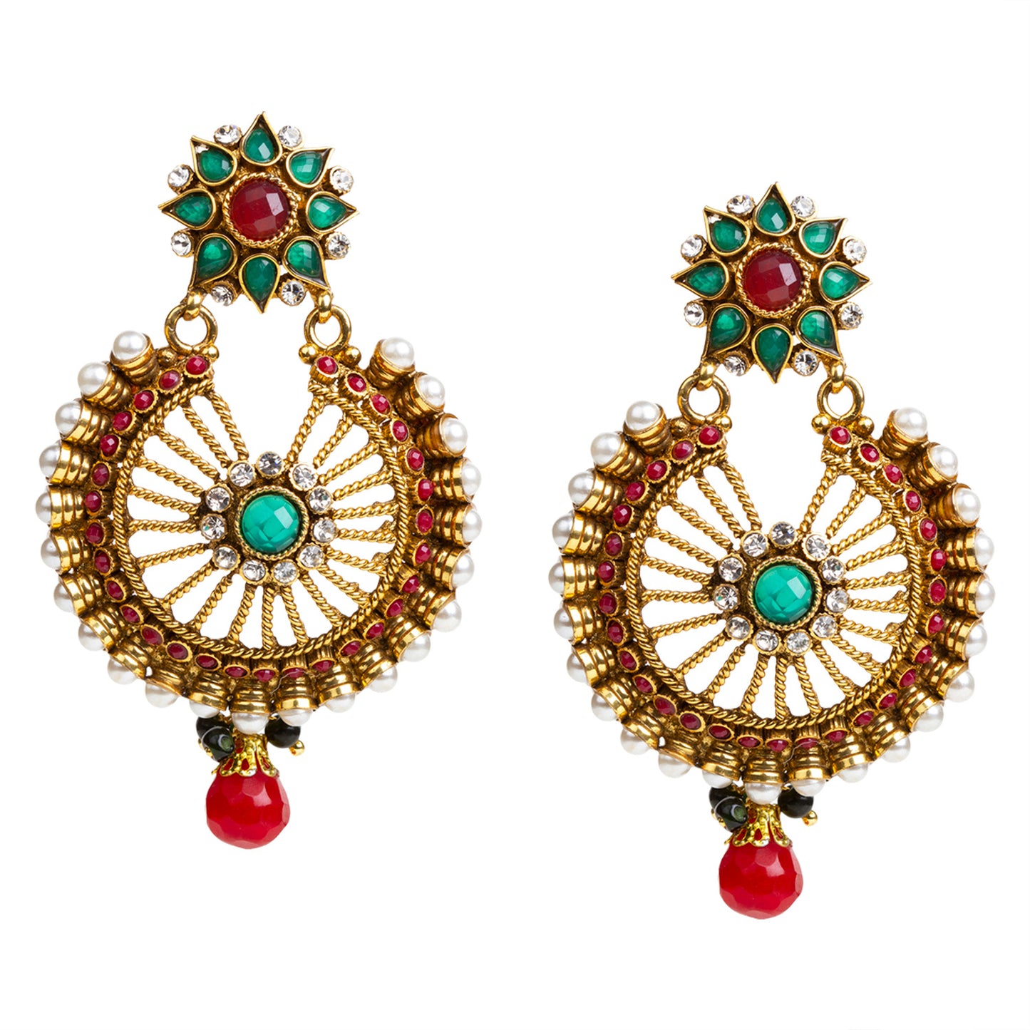 bindhani gold plated pearls green polki stone red drop earrings for women