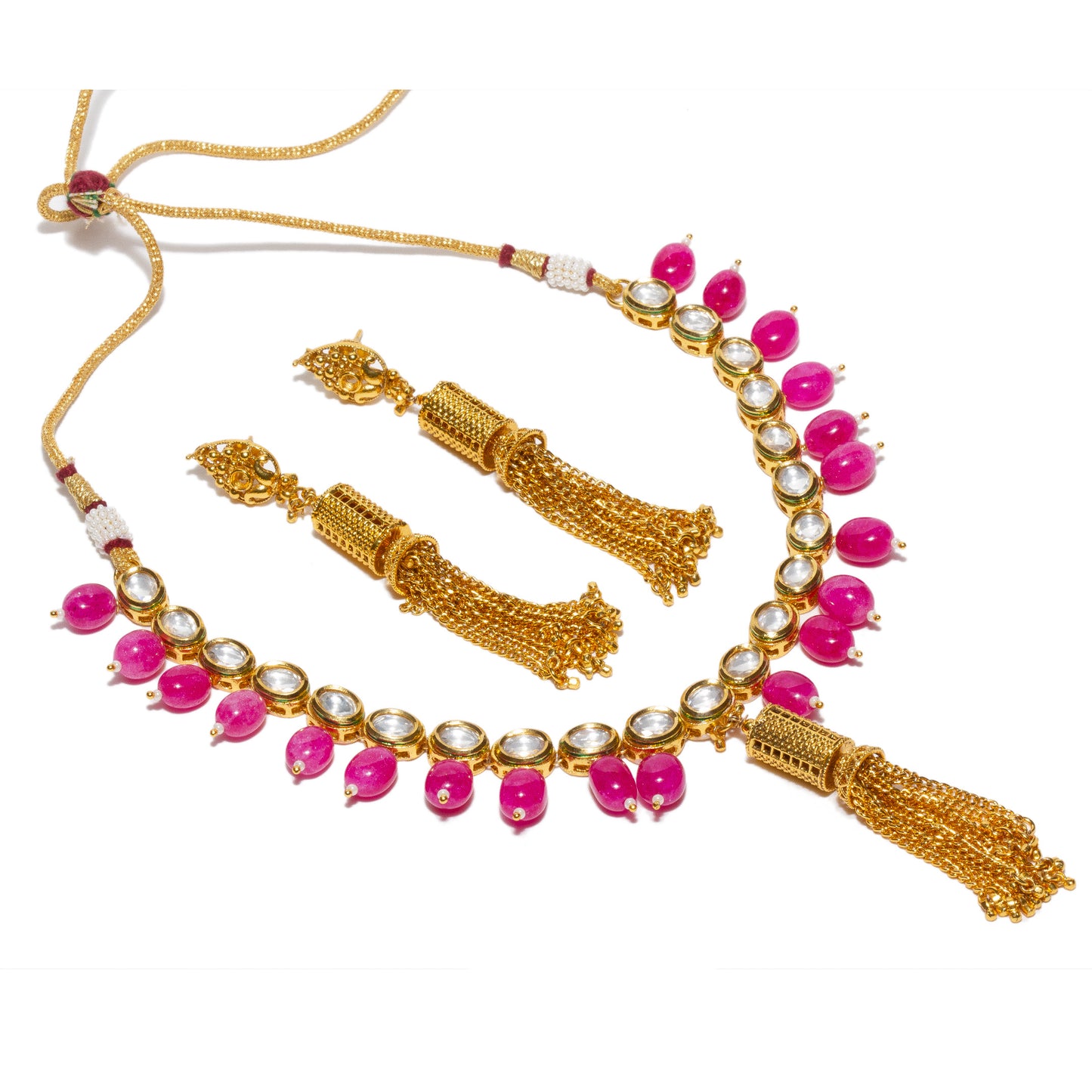 bindhani-gold-plated-pink-color-pearl-mala-kundan-tassal-necklace-earring-for-women