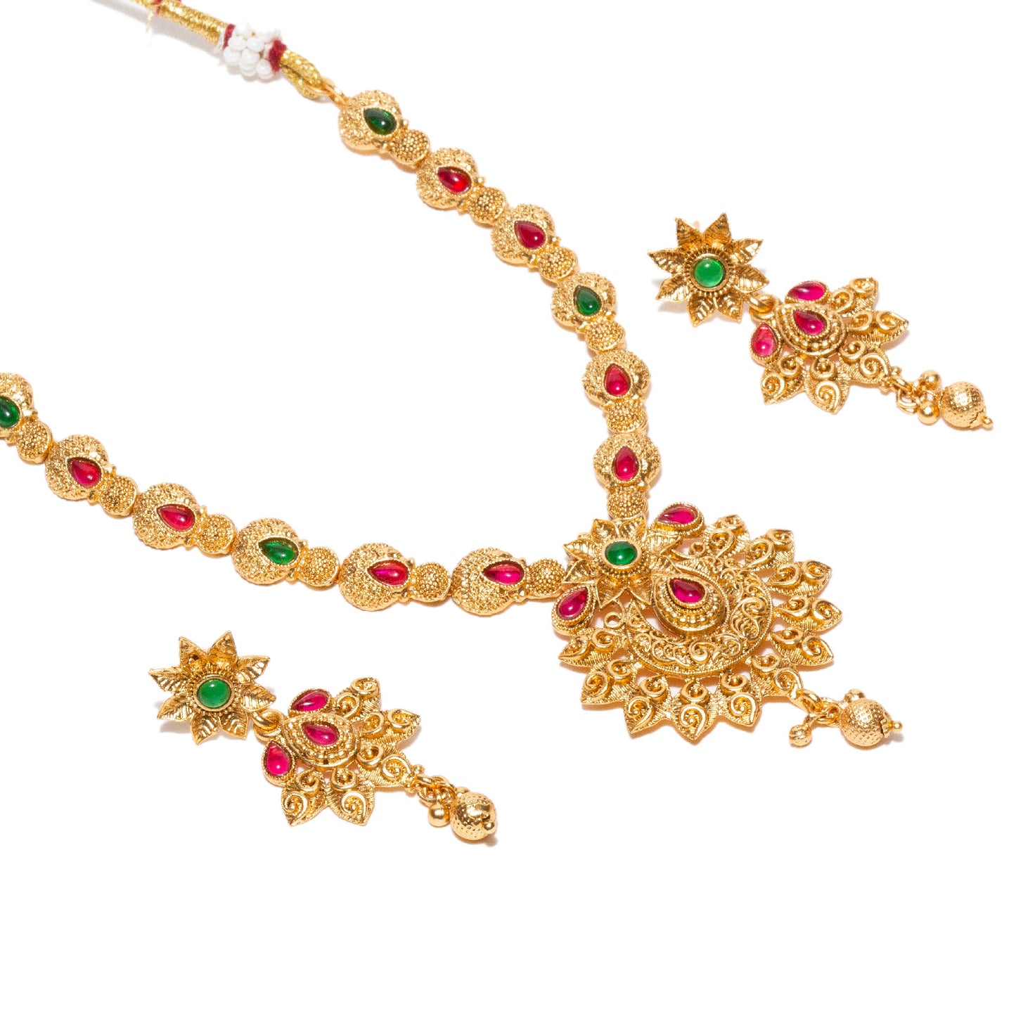 bindhani-gold-plated-pink-green-south-indian-style-necklace-earrings-set-for-women-girls