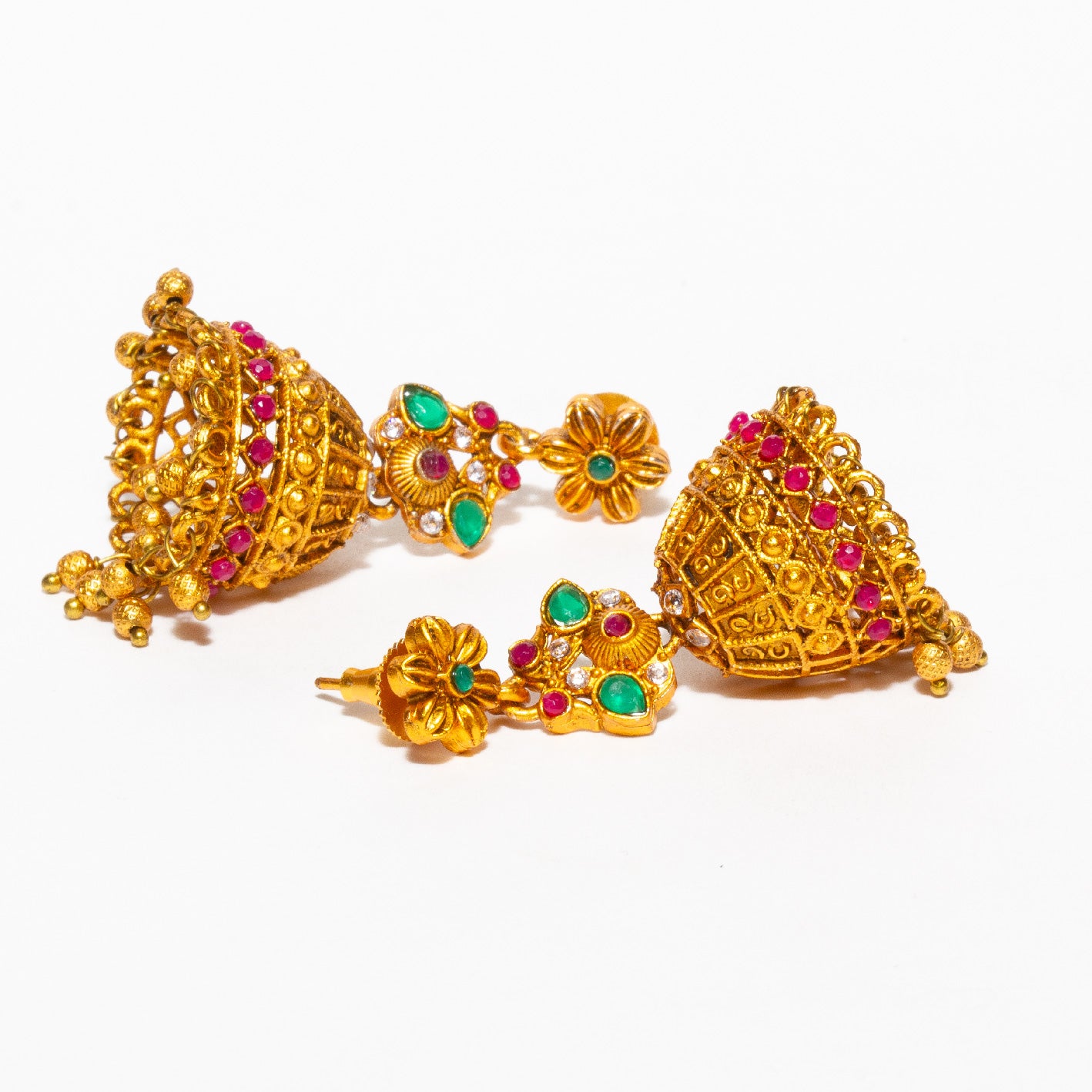 bindhani gold plated pink green stone golden beads jhumki earrings for women teenage girls