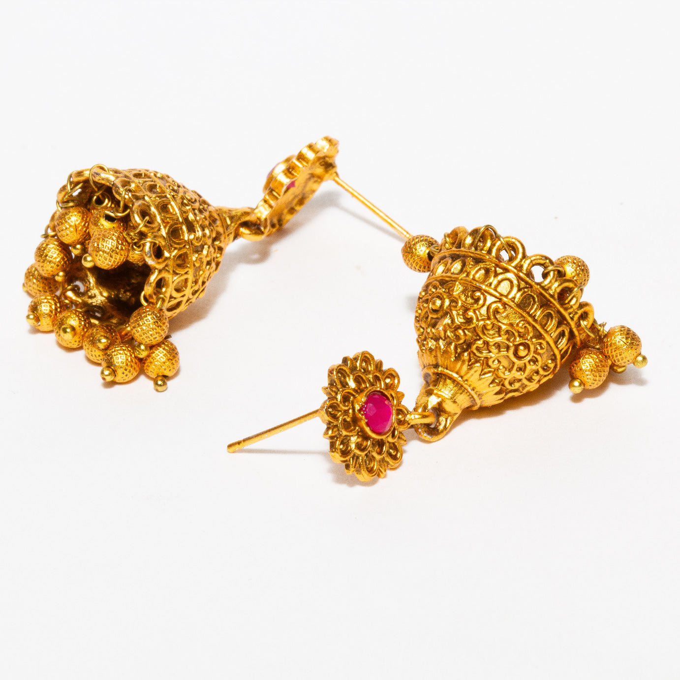 bindhani gold plated pink stone golden beads jhumka earrings women teenage girls