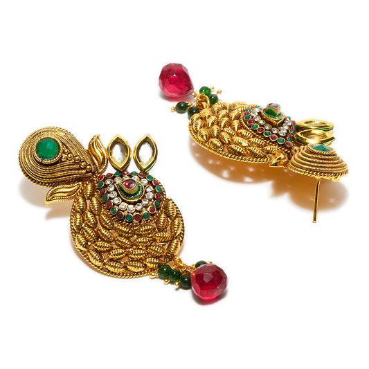 bindhani gold plated red drop green beads red green white kundan stone copper dangle earrings for women and girls
