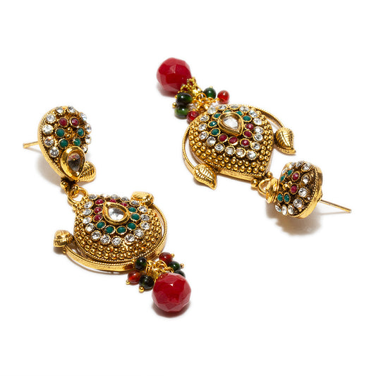 bindhani gold plated red drop red green beads red green white kundan stone dangle earrings for women and girls