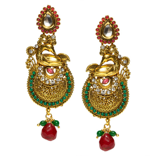 bindhani gold plated red drop red green white stone white kundan earrings for women and girls