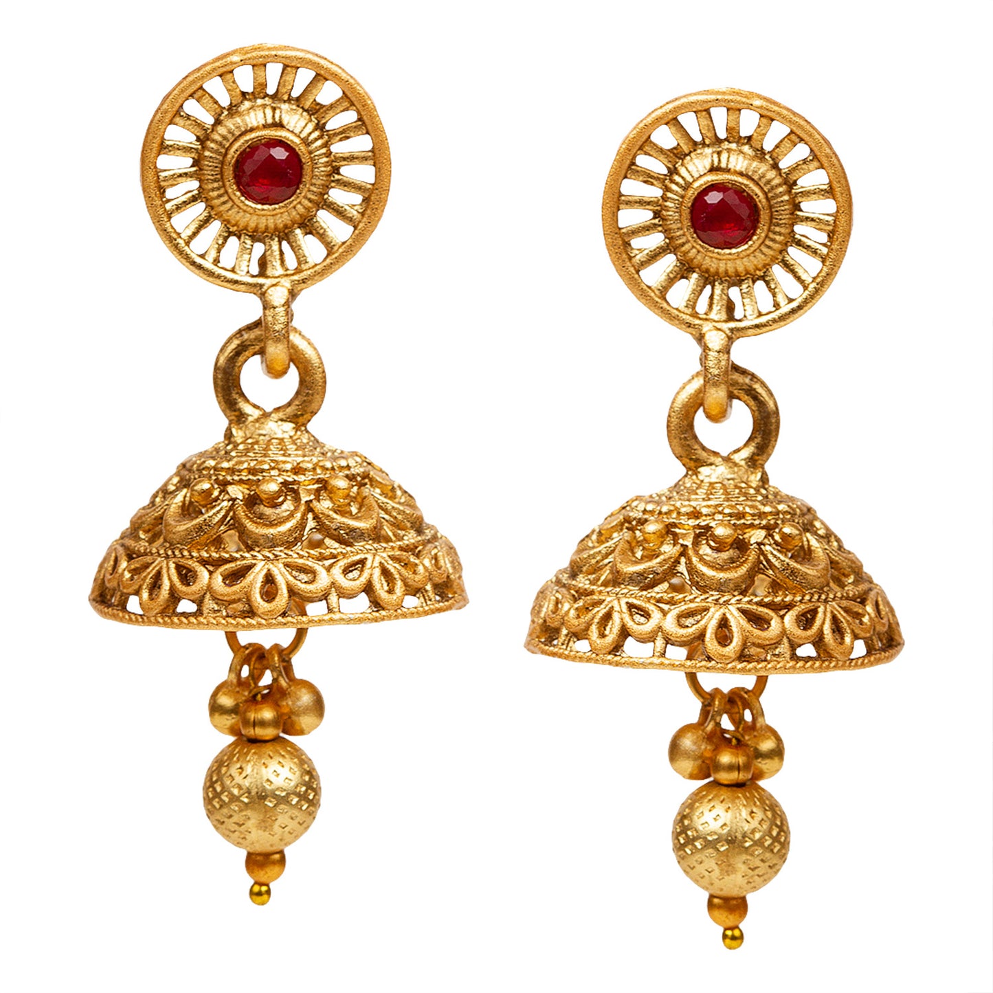 bindhani gold plated red green jhumka earrings for women
