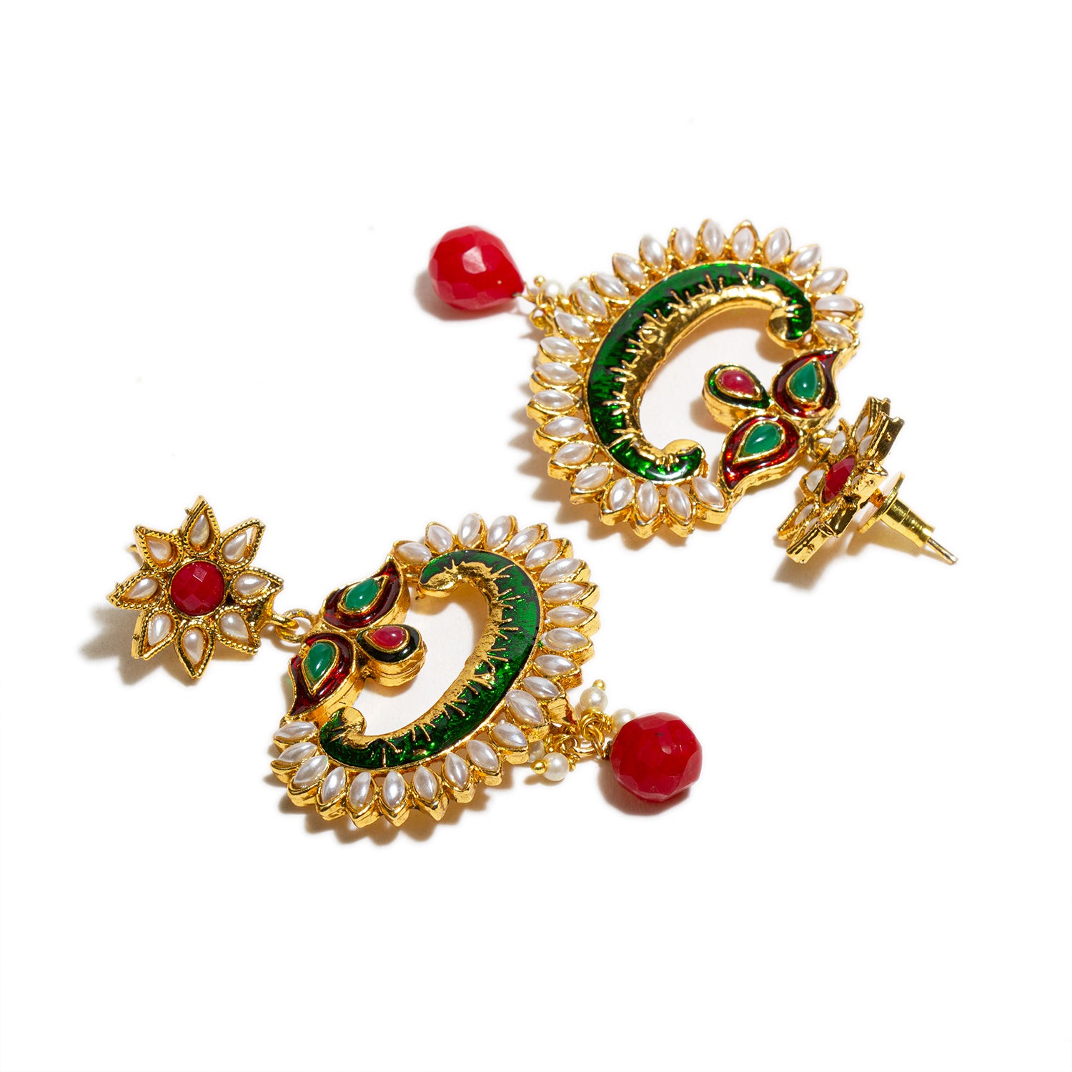 bindhani gold plated red green meenakari work red pearl drop earrings for women girls