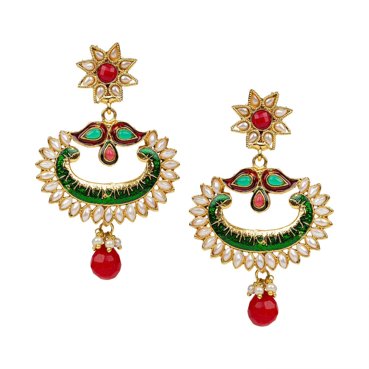 bindhani gold plated red green meenakari work red pearl drop earrings for women girls