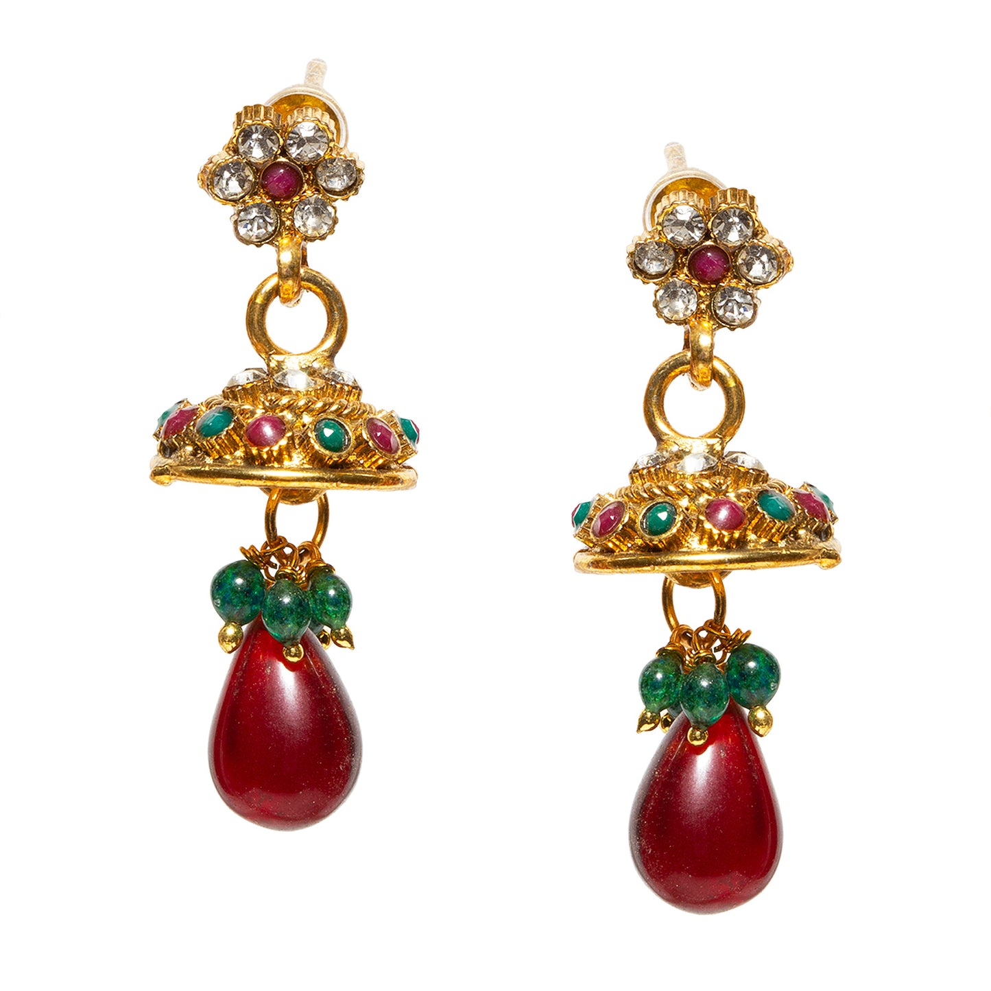 bindhani gold plated red pearl drop beads red white stone small jhumki earrings for women and girls