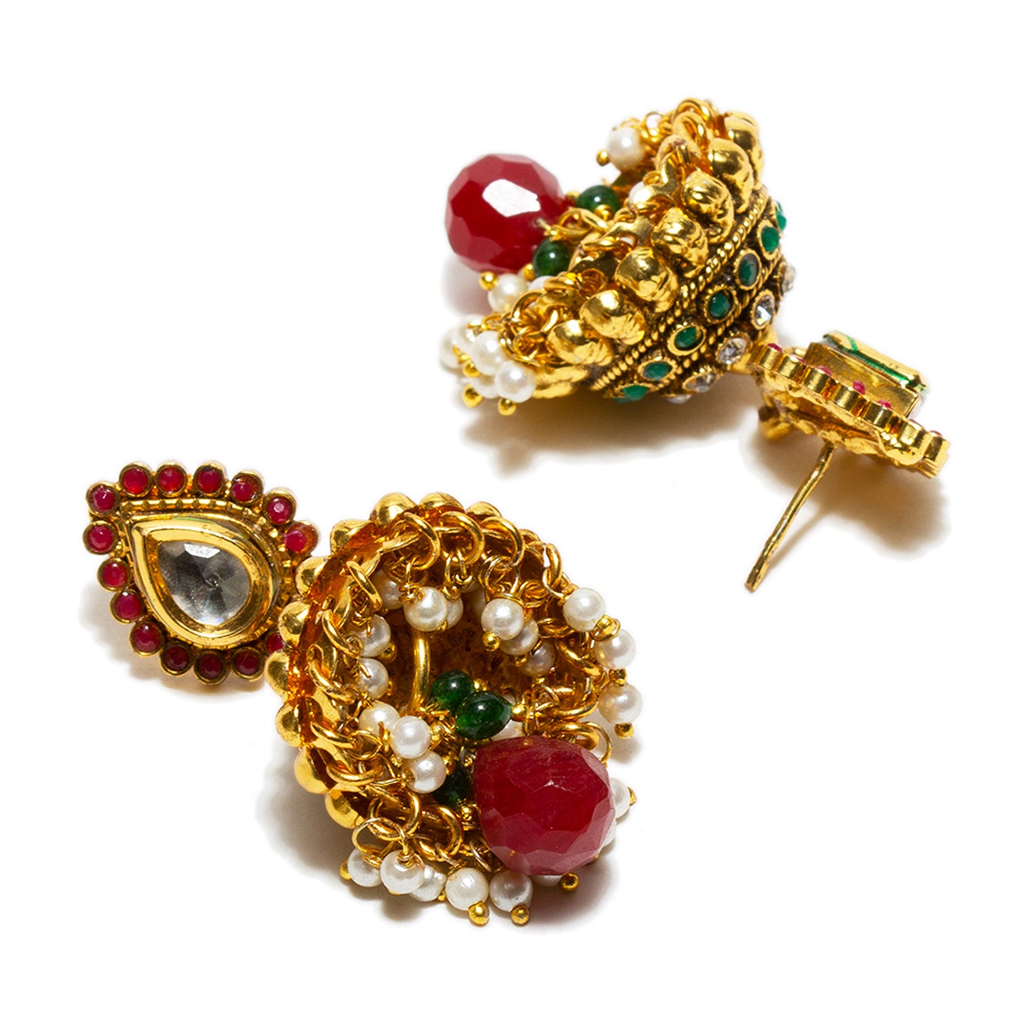bindhani gold plated red pearl drop white beads red green white kundan stone jhumki earrings for women and girls