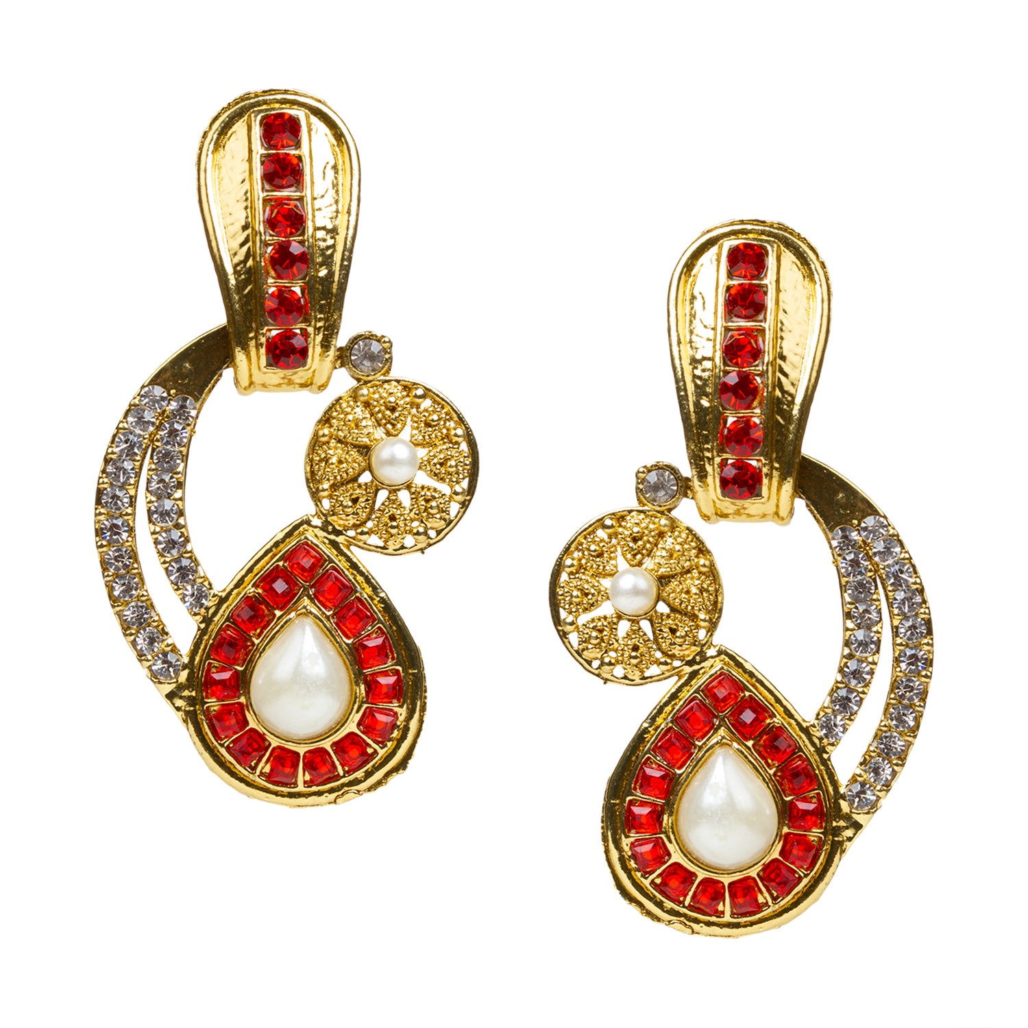 bindhani gold plated red white stone earrings for women