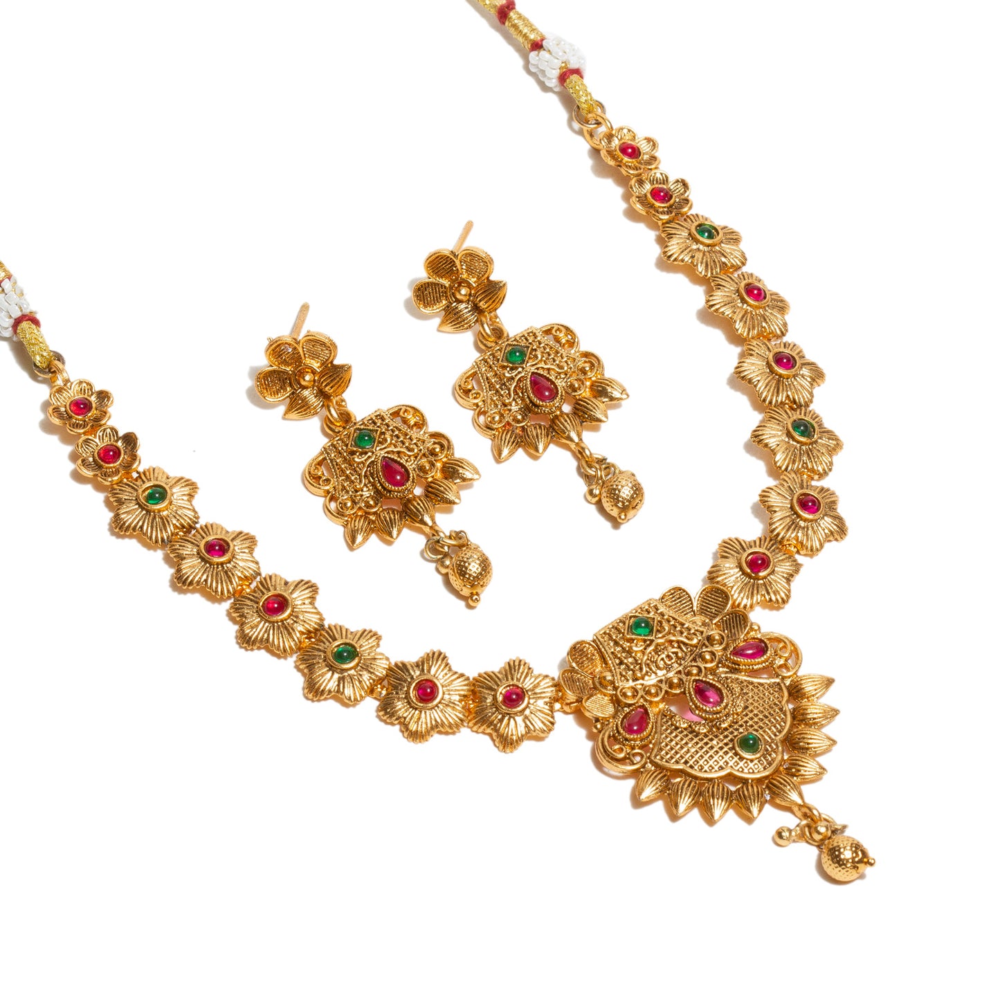 bindhani-gold-plated-ruby-pink-green-south-indian-style-necklace-earrings-for-women