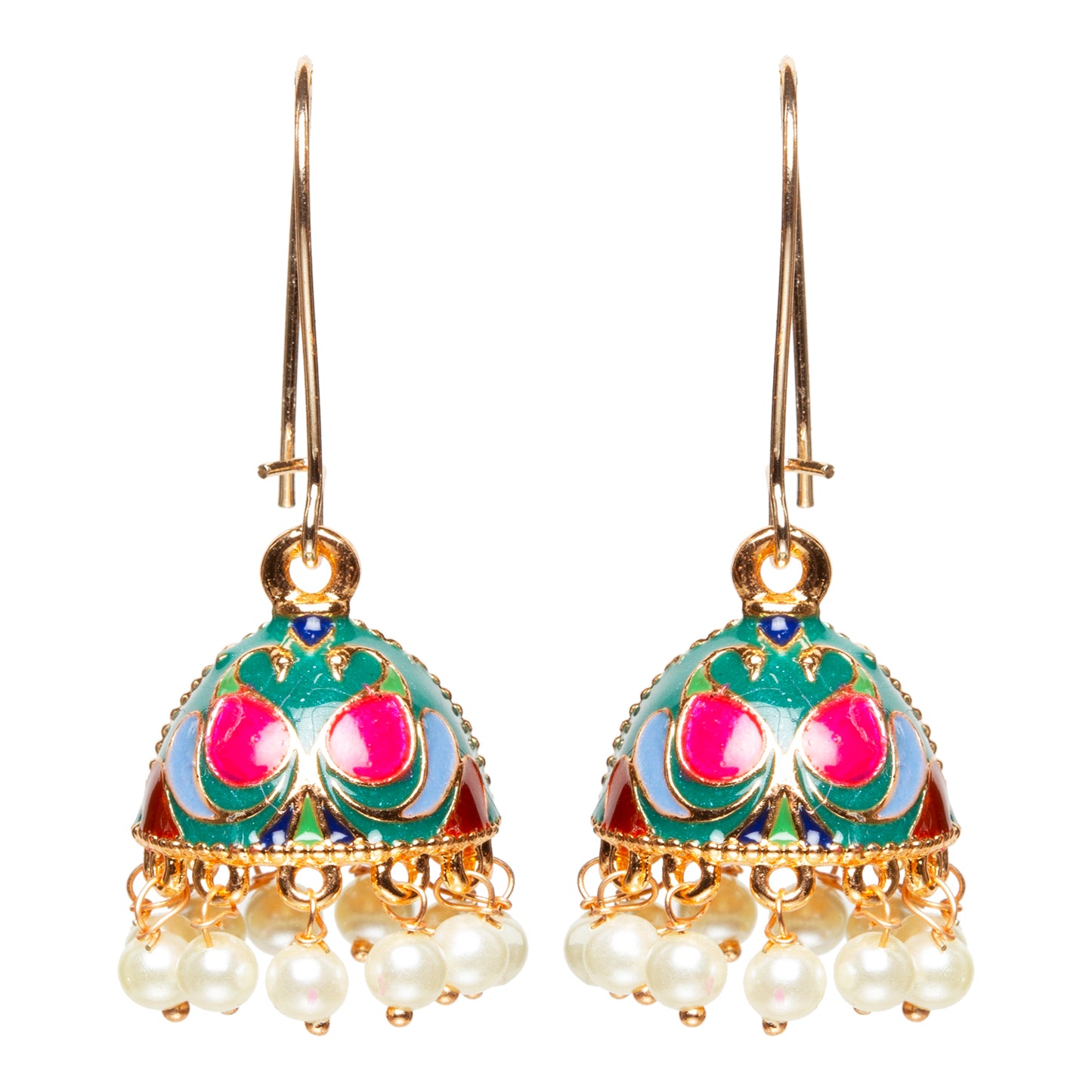 bindhani gold plated small green multi color meenakari pearl drop jhumki earrings women girls