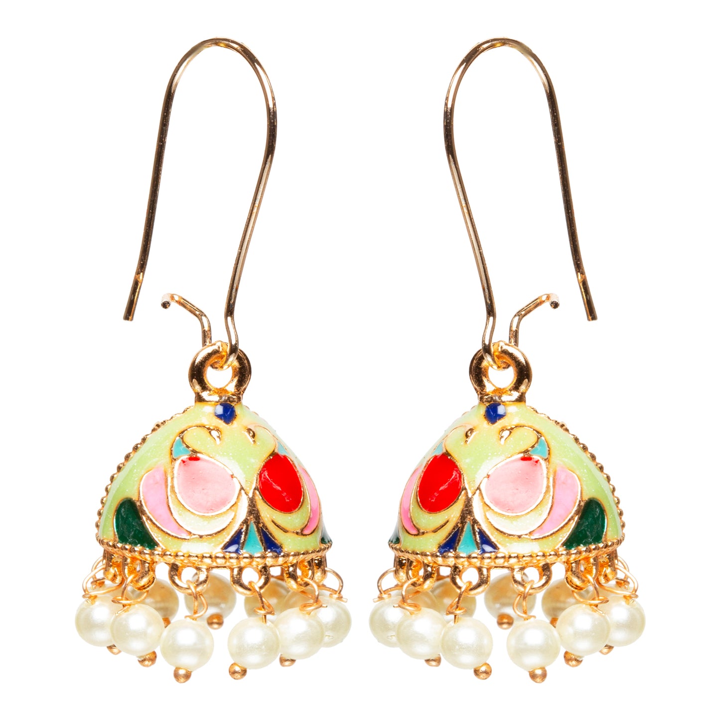 bindhani gold plated small pista green multi color meenakari pearl drop jhumki earrings women girls