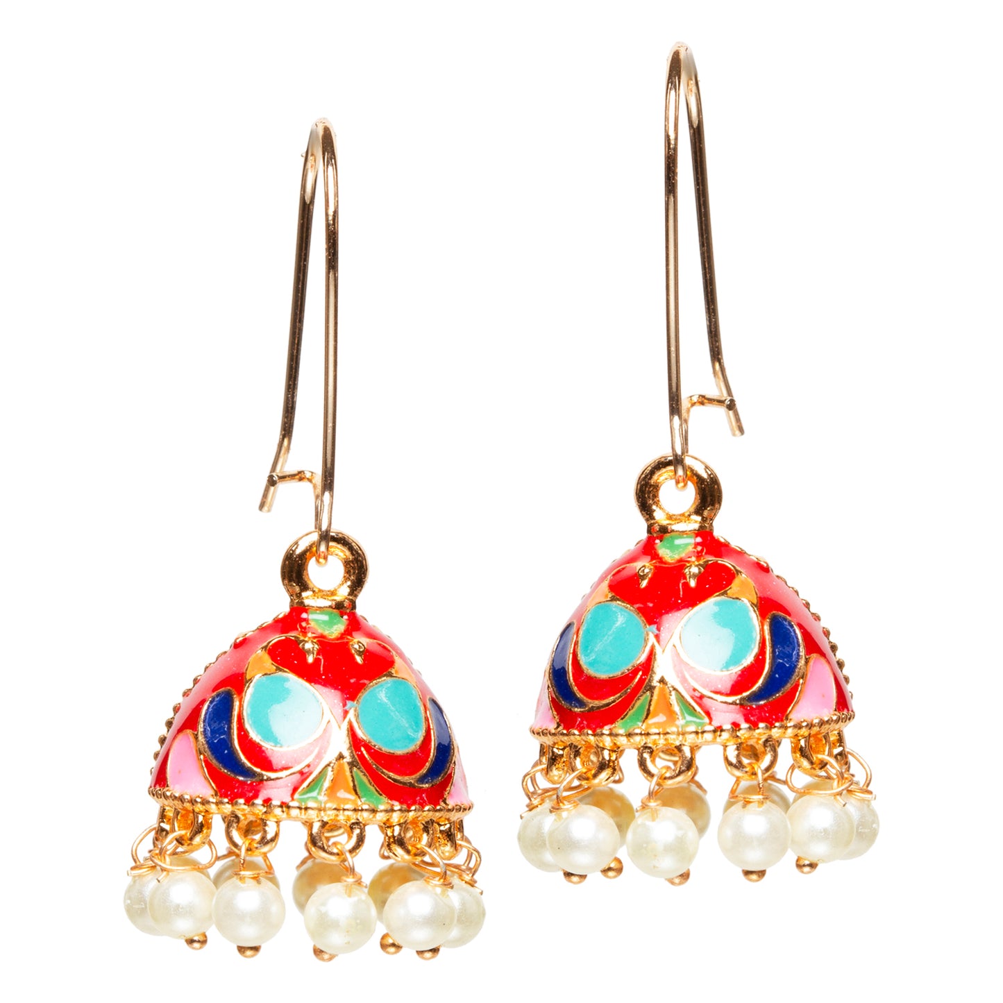 bindhani gold plated small red multi color meenakari pearl drop jhumki earrings women girls