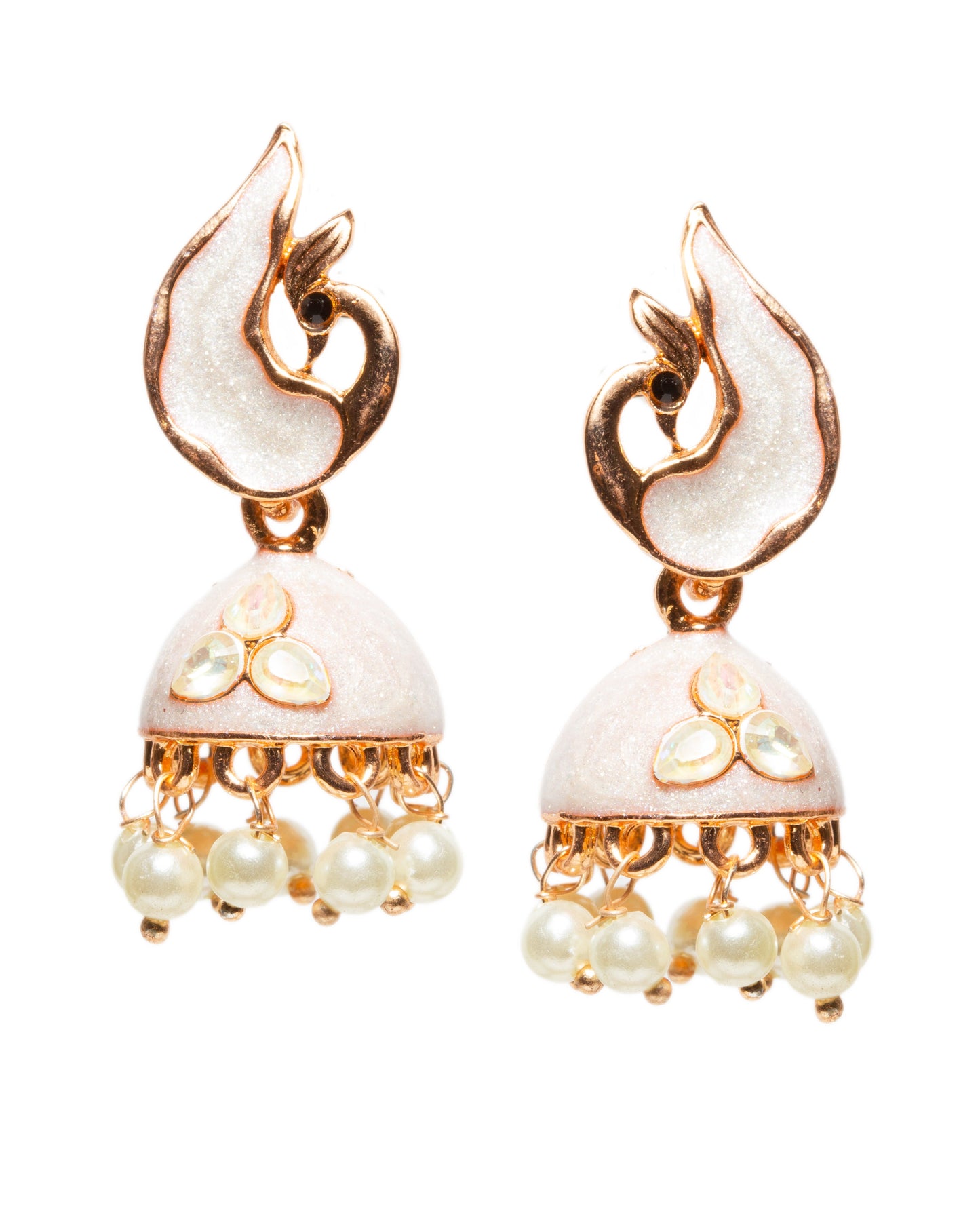 A pair of elegant rose gold-tone jhumka earrings featuring a modern peacock-inspired design with white meenakari enamel work. The earrings showcase peacock-shaped stud tops, dome-shaped drops with embossed triple stone and dangling white pearl beads for a graceful traditional look.
