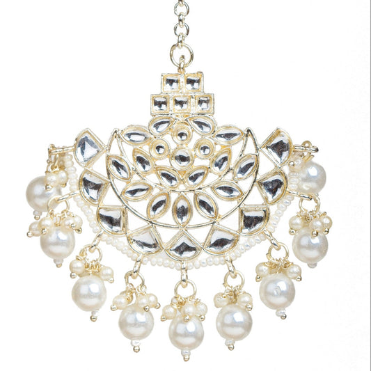 bindhani gold plated traditionalkundan white pearl drop maang tikka for women and girls