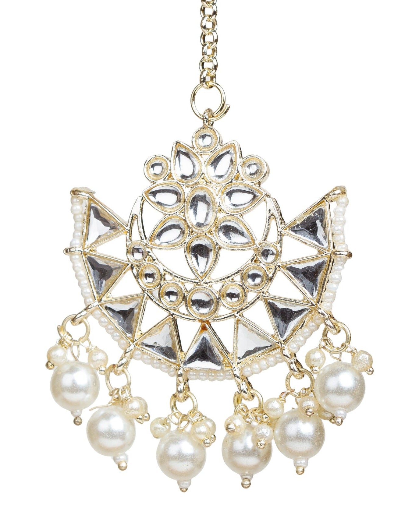 bindhani gold plated traditional kundan white pearl drop maang tikka for women and girls