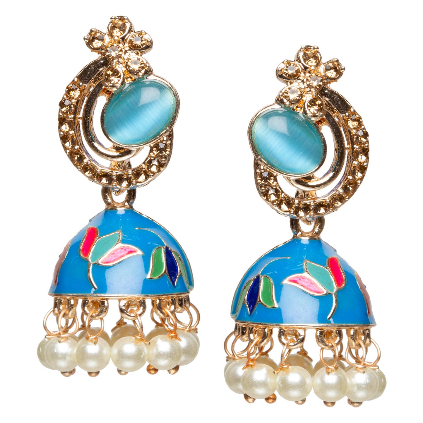 bindhani gold plated turquoise golden stone multi color pearl drop small meenakari jhumki earrings women teenage girls