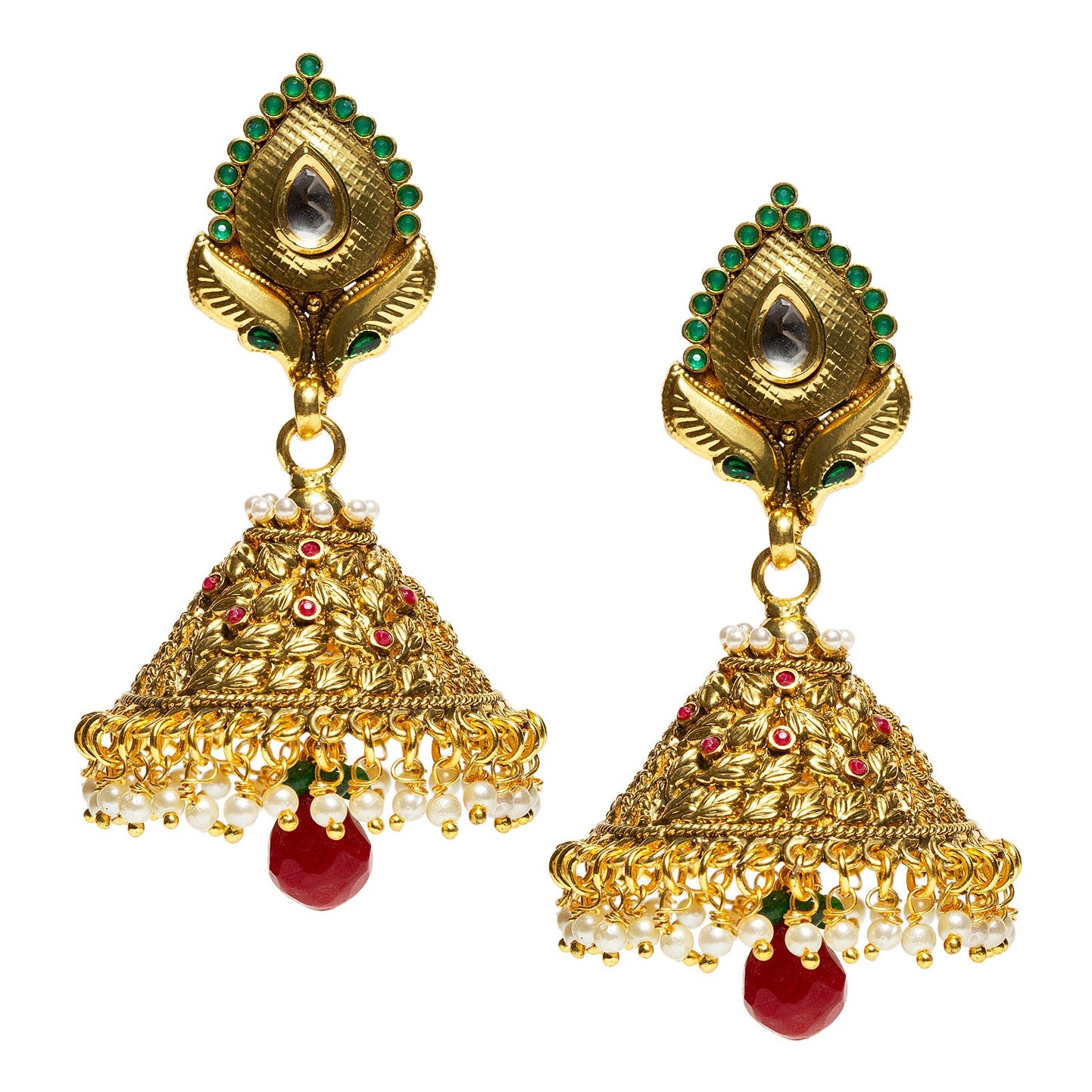 bindhani gold plated white beads big kundan jhumka earrings for women & girls