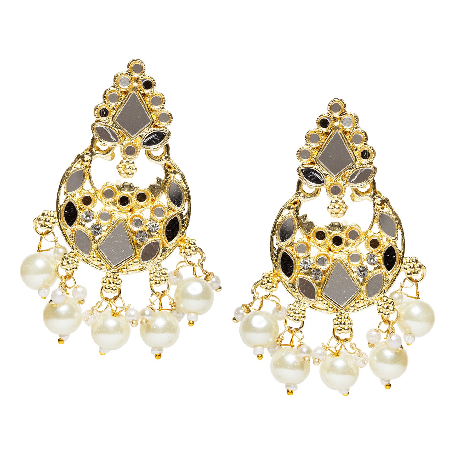 bindhani gold plated white beads white stone pearl drop mirror stone dangle earring for women girls