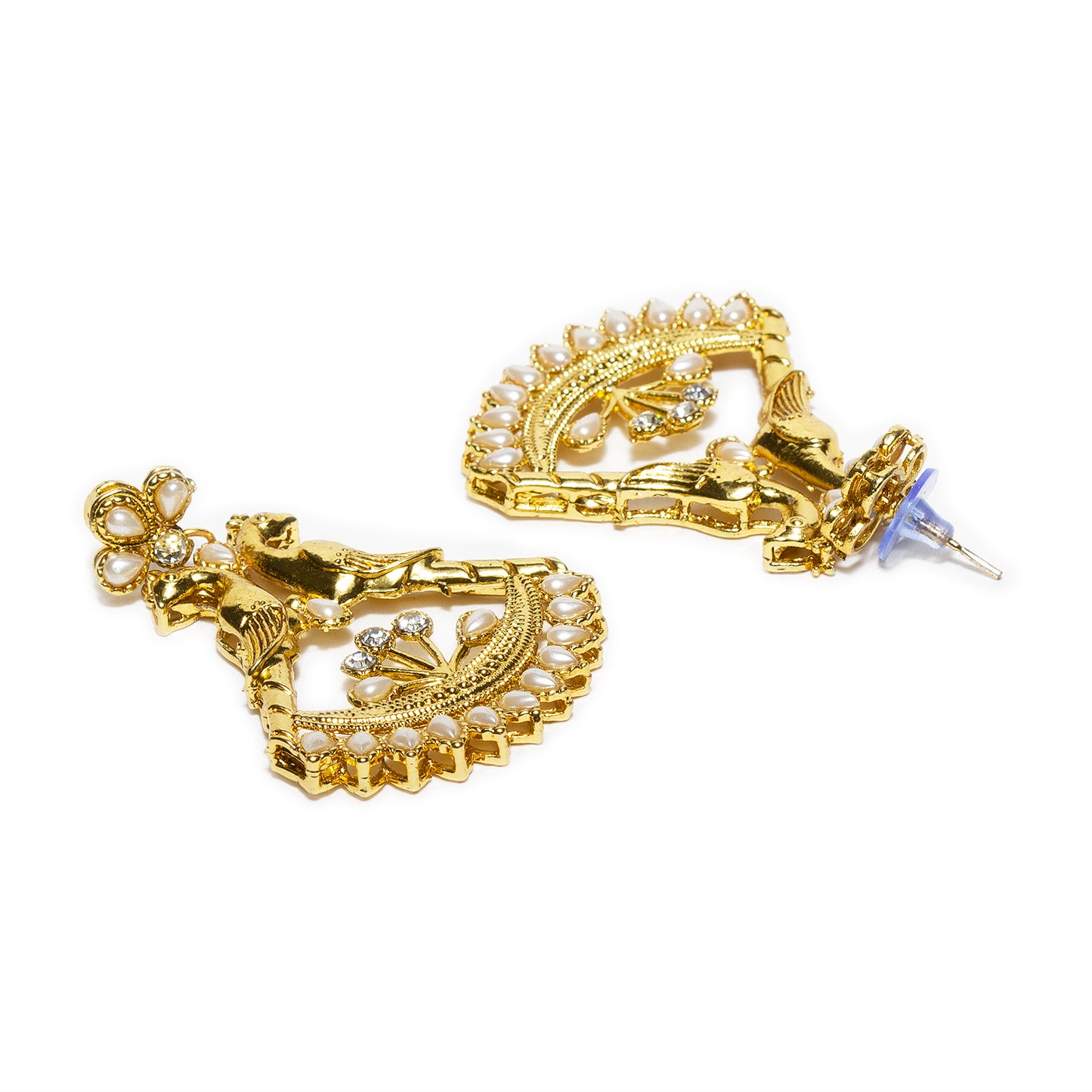 bindhani gold plated white pearl stone peacock earrings for women and girls