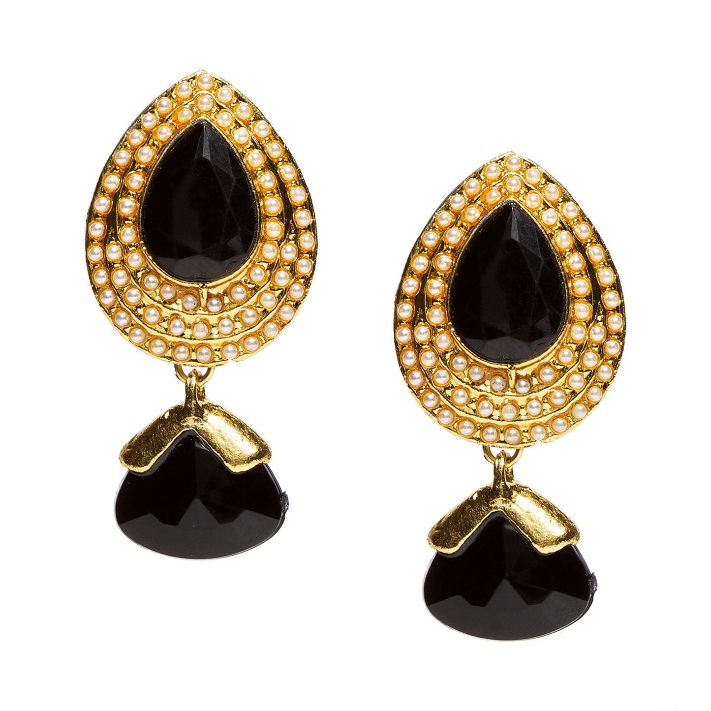 bindhani gold plated white pearls black stone earrings for women