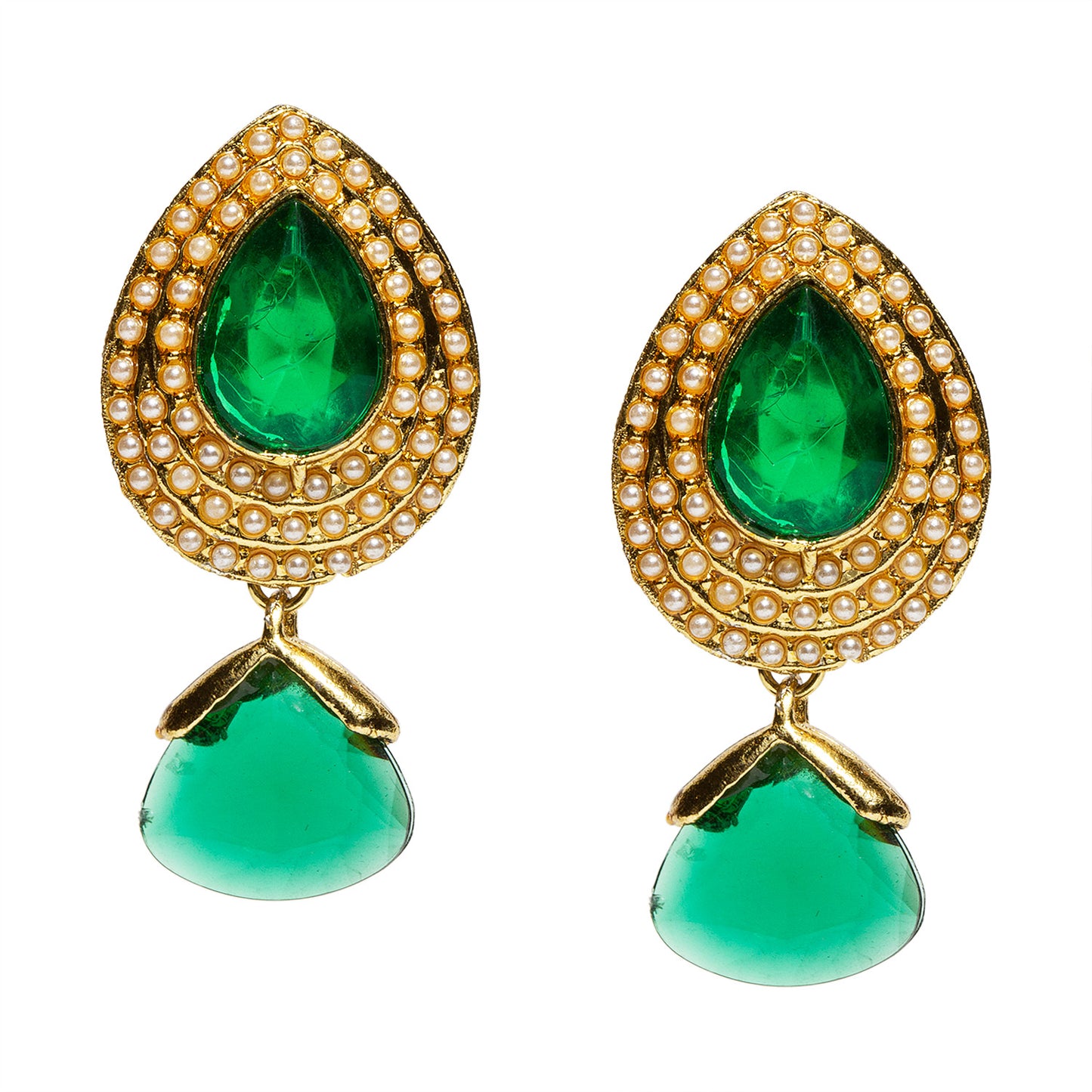 bindhani gold plated white pearls green stone earrings for women