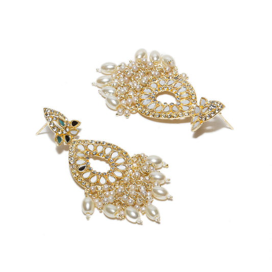 bindhani gold plated white mirror stone pearl drop hanging earring for women girls