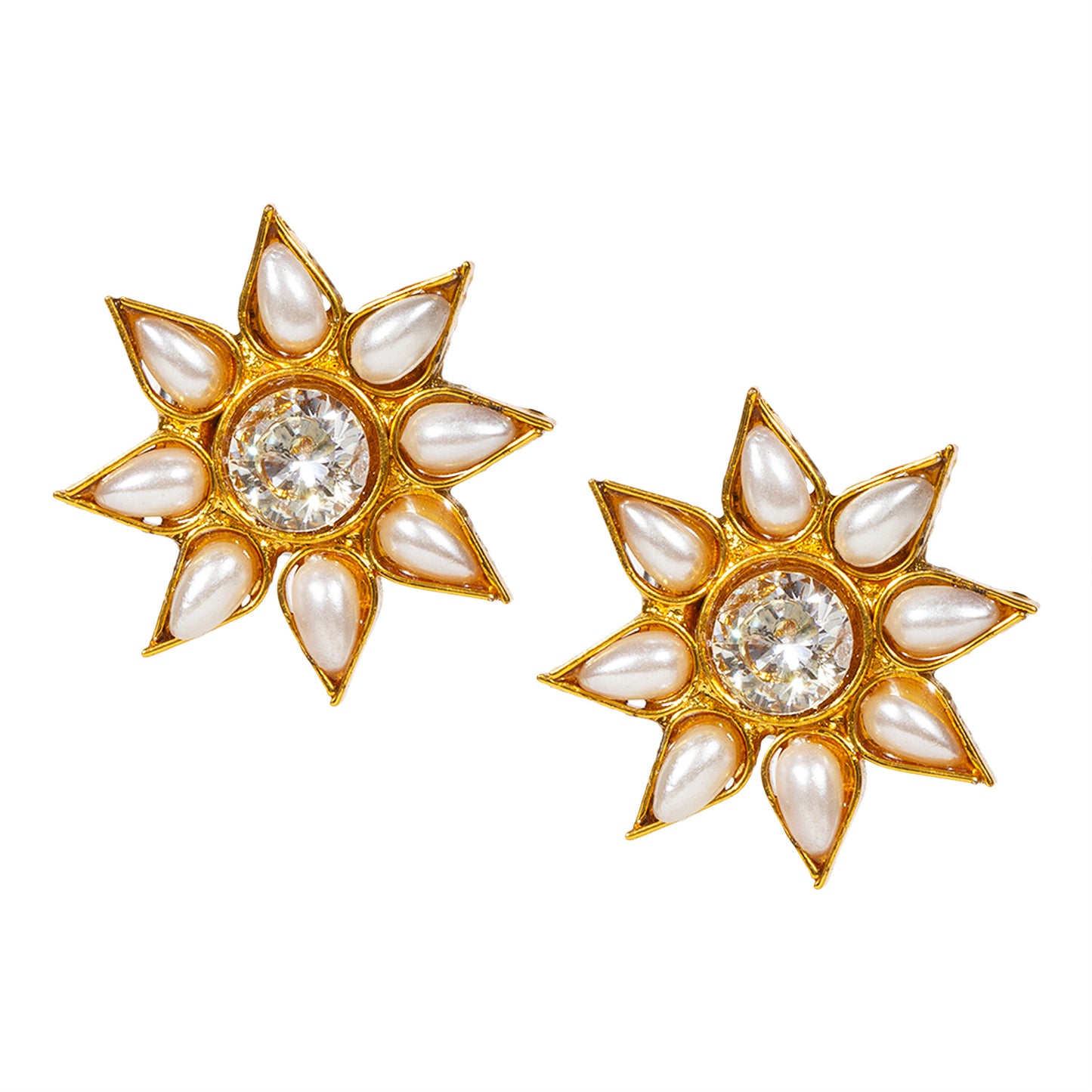 bindhani gold plated white stone flower shaped small stud earrings for women and girls