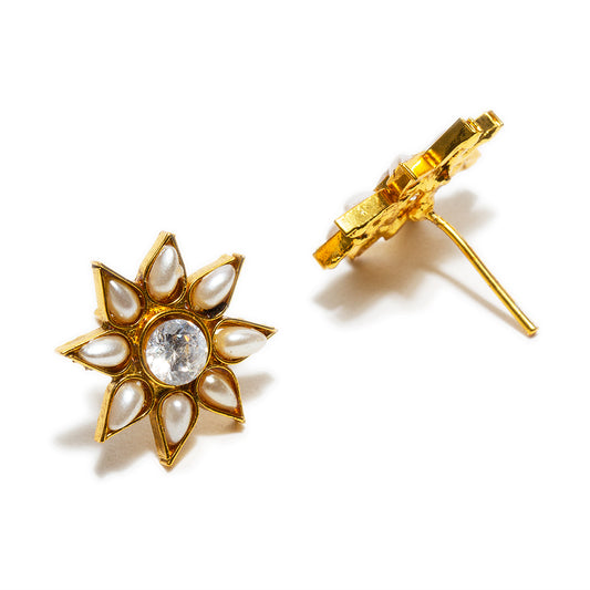 bindhani gold plated white stone flower shaped small stud earrings for women and girls