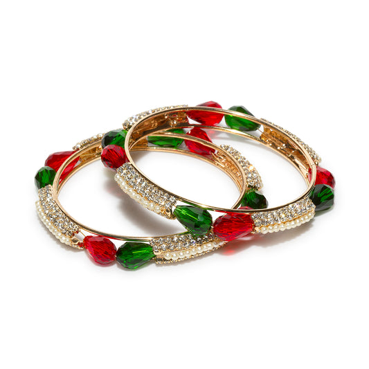 bindhani gold plating maroon green and white stones with pearls crystal bangle sets for women