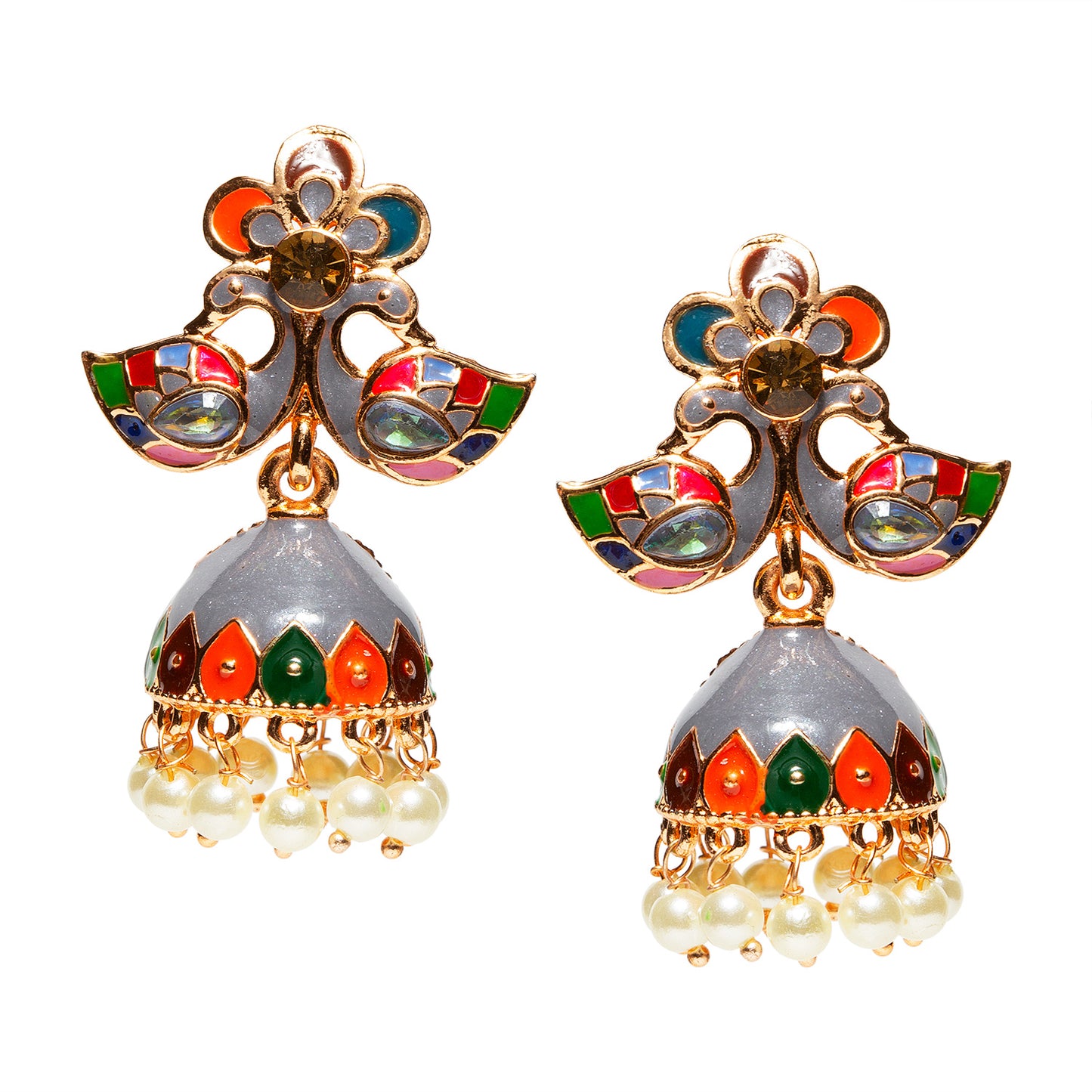 bindhani grey multicolor small peacock jhumki earrings women teenage girls
