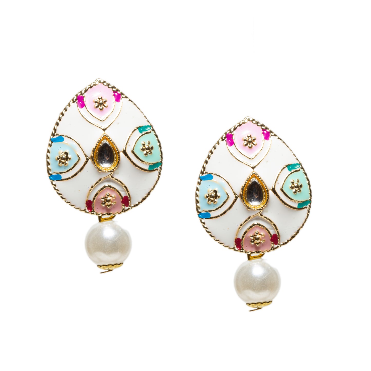 Hand Painted Tear Drop Shape White Pearl Multi Color Patwa Set With Earrings