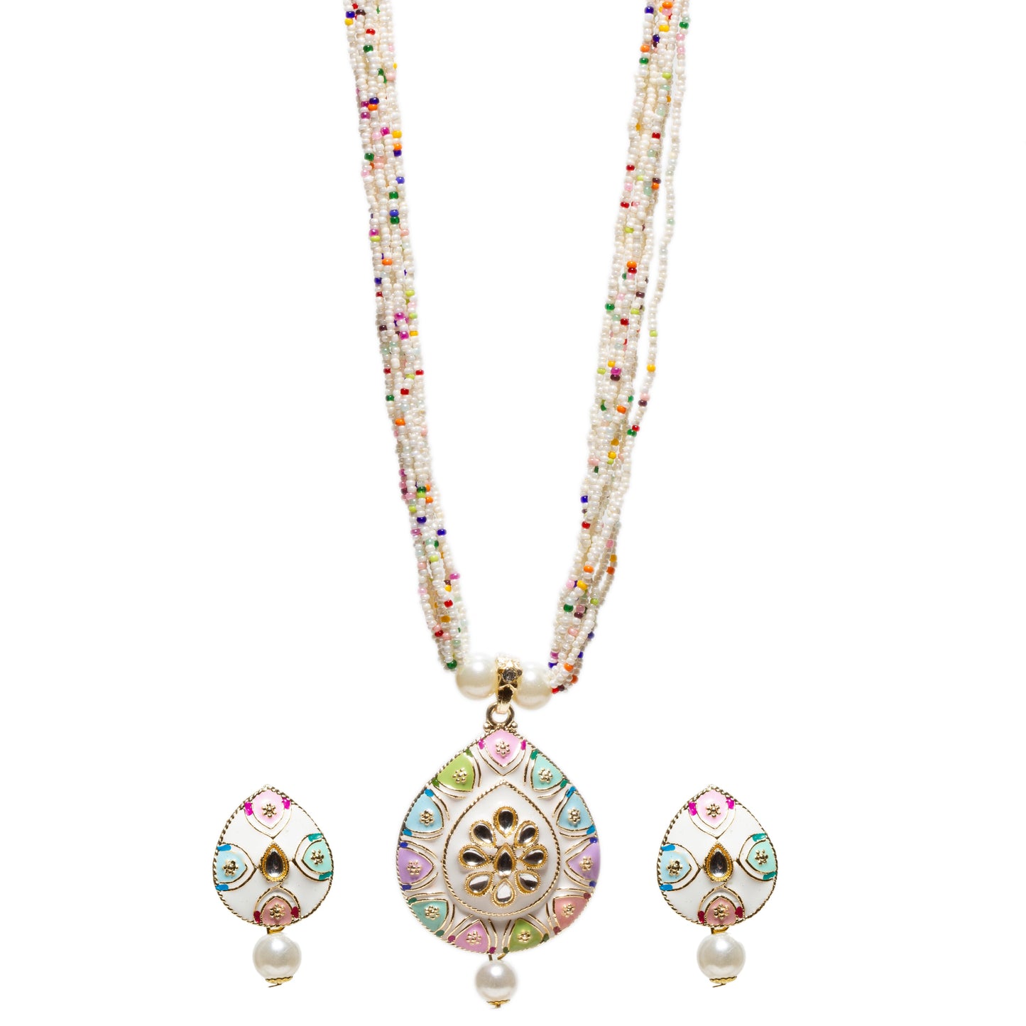 Hand Painted Tear Drop Shape White Pearl Multi Color Patwa Set With Earrings