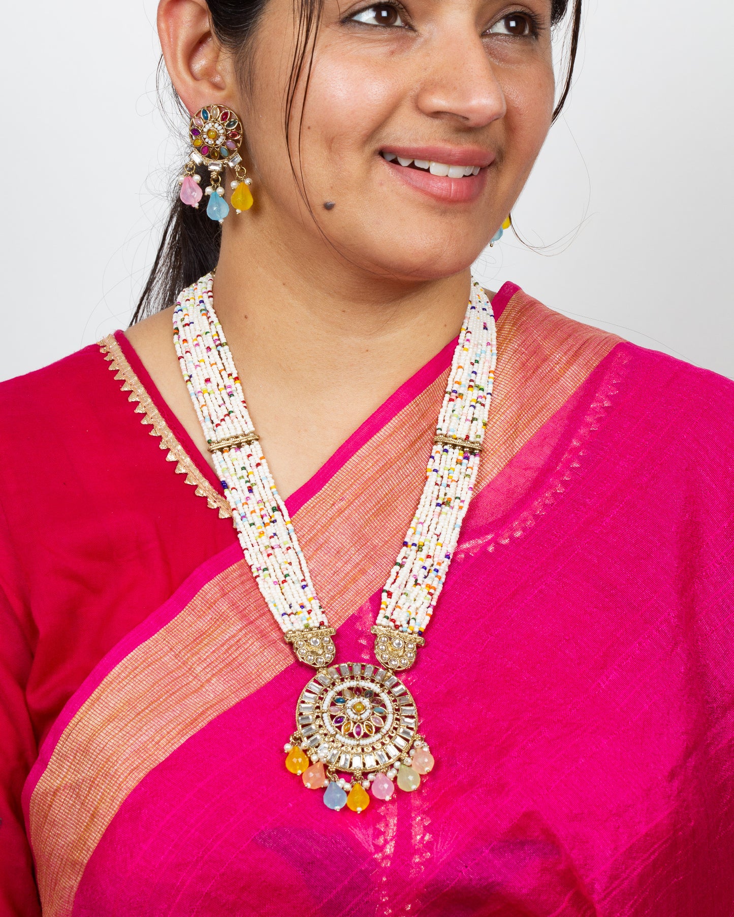 Long Kundan Rani Haar Wedding Pendant Multi Color Necklace Earrings Set