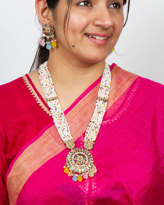 Long Kundan Rani Haar Wedding Pendant Multi Color Necklace Earrings Set