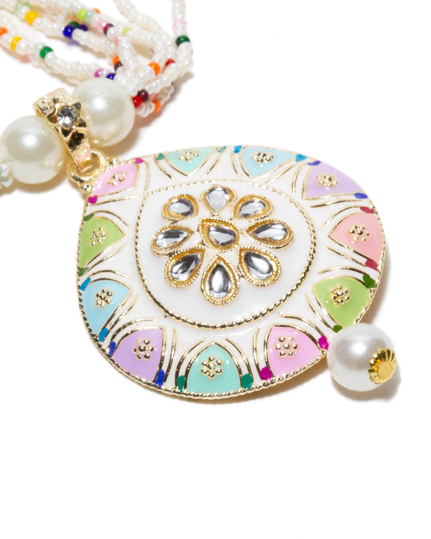 Hand Painted Tear Drop Shape White Pearl Multi Color Patwa Set With Earrings