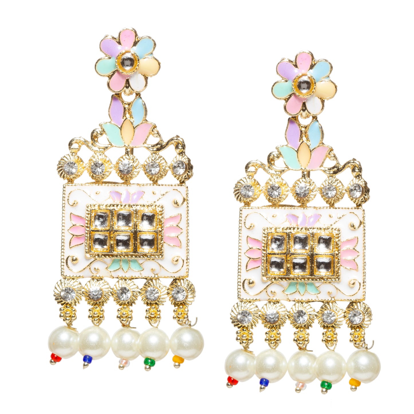 Patwa Set hand painted Long Rani Haar Rectangle Pendant Pearl Earrings Set