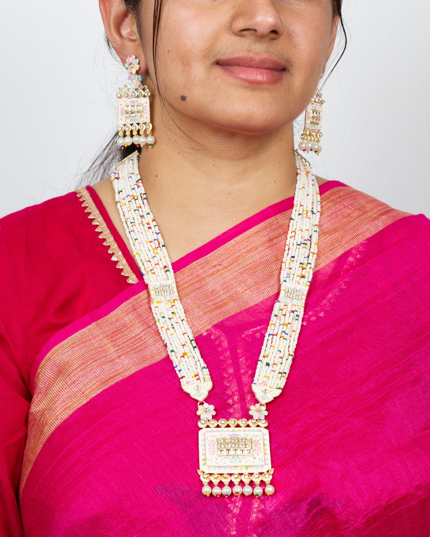 Patwa Set hand painted Long Rani Haar Rectangle Pendant Pearl Earrings Set