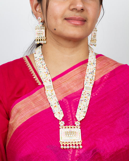 Patwa Set hand painted Long Rani Haar Rectangle Pendant Pearl Earrings Set