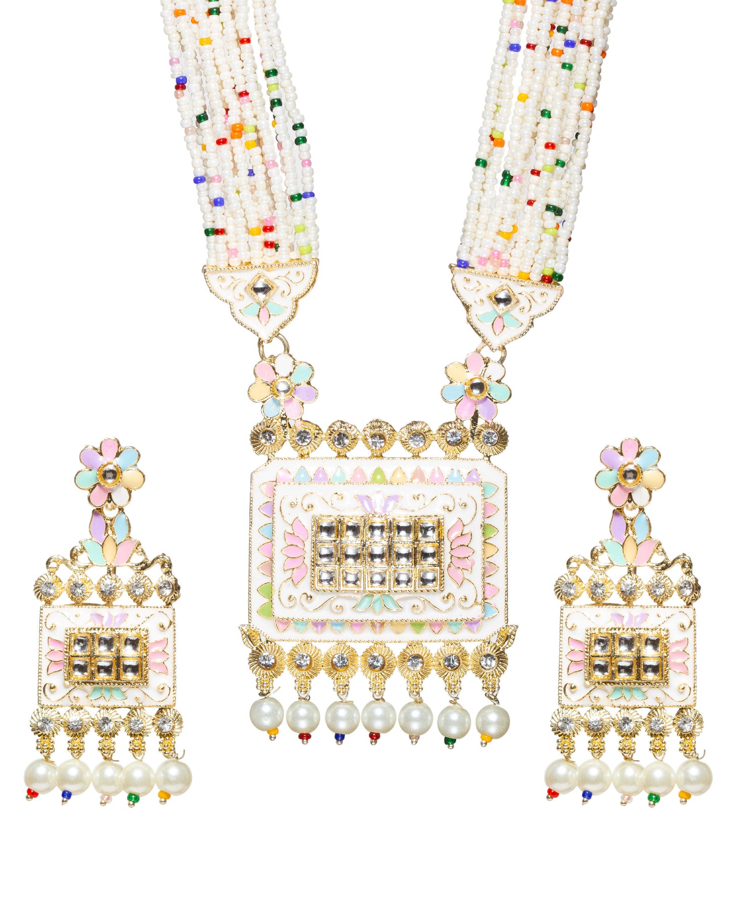 Patwa Set hand painted Long Rani Haar Rectangle Pendant Pearl Earrings Set