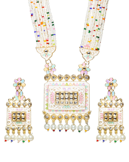 Patwa Set hand painted Long Rani Haar Rectangle Pendant Pearl Earrings Set