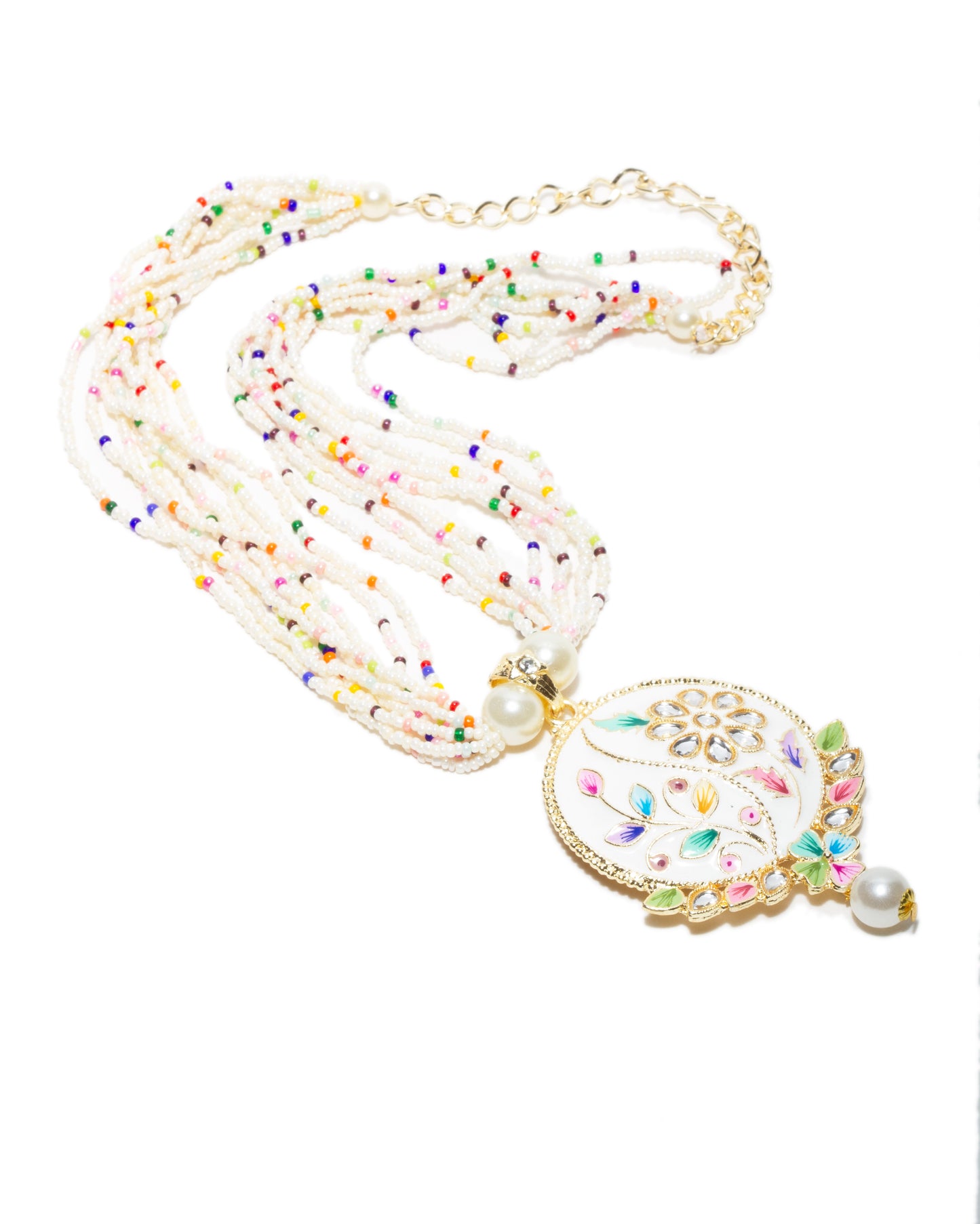 Hand Painted Tear Drop Shape White Pearl Multi Color Patwa Set & Earrings