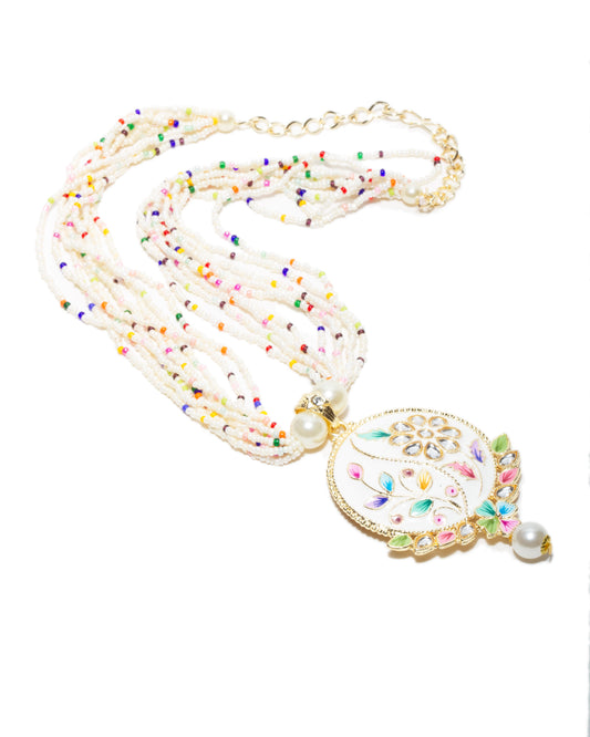 Hand Painted Tear Drop Shape White Pearl Multi Color Patwa Set & Earrings
